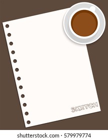 Flat design paper from notebook isolated on white background in top view. Sketchbook with cup of coffee. Template pages with vector illustration of.