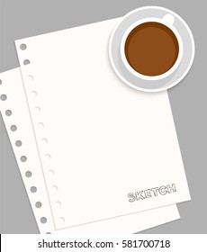 Flat design paper from notebook isolated on white background in top view. Sketchbook with cup of coffee. Template pages with vector illustration of.