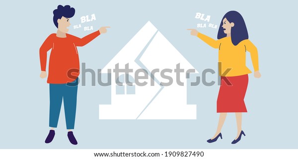 Flat design parents characters shout at\
home. Divorce process between husband and wife and its impact on\
home. Man and woman couple breakup and argue. Domestic problems\
concept. Vector\
illustration.