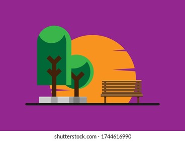 flat design park scenery vector, tree and bench graphic, sunset nature environment concept