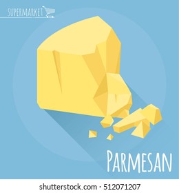 Flat design Parmesan cheese vector icon on light blue background with long shadow