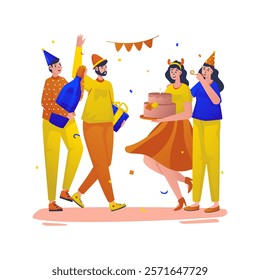 Flat design party birthday celebration, Friendship surprise, Vector illustration