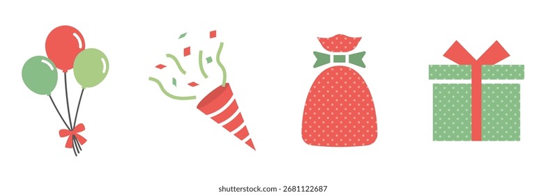Flaches Design Party Icons Set mit Ballons, Geschenk und Konfetti