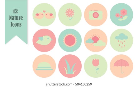 Flat design pastel icons set - nature and travel concept
