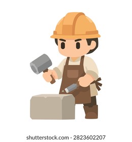 A flat design pastel vector illustration of a cute male stonemason craftsman wearing a safety hard hat and apron, holding a hammer and chisel beside a stone block, isolated on a white background. Ideal for construction, masonry, or profession graphics.