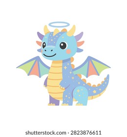 A flat design pastel vector illustration of an adorable baby dragon with halo, wings, and star patterns on its body, isolated on a white background. Perfect for children's books, fantasy games, or nursery decor graphics