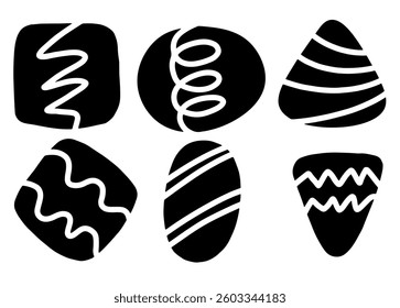 Flat Design Patterns of shapes. squares, circles, triangles, ovals with cute patterns such as silhouettes of cookies and chocolates.