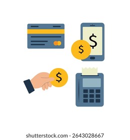 Flat Design Payment Icons – Credit Card, Mobile Banking, POS Machine, and Coin Transaction