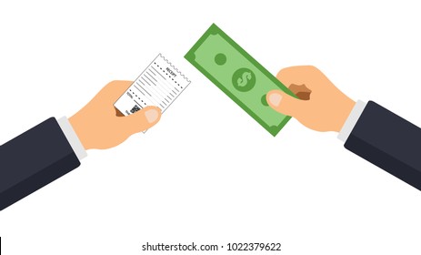 Flat design of payment and receipt of a check for services. Hand holding money and receipt. Payment concept. Vector illustration. Isolated.
