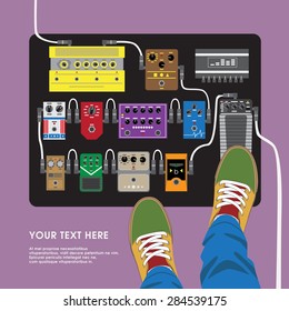 flat design pedal effects board with guitarist, top view, poster, text, background