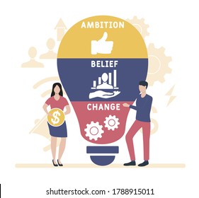 Diseño plano con gente. ABC - Ambition Belief Change , concepto de negocio. Ilustración vectorial para banner de sitio web, materiales de marketing, presentación de negocios, publicidad en línea.