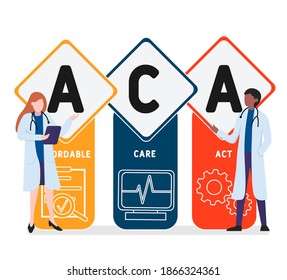 Diseño plano con gente. ACA - Acrónimo de la Ley de Atención Médica Asequible. antecedentes de concepto médico. Ilustración vectorial para banner de sitio web, materiales de marketing, presentación comercial, publicidad en línea