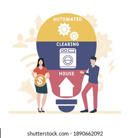 Flat design with people. ACH - Automated Clearing House  acronym, business concept background.   Vector illustration for website banner, marketing materials, business presentation, online advertising.