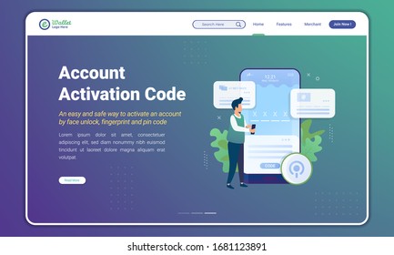 Flat design people activating digital wallet accounts, Insert activation code for e-wallet concept