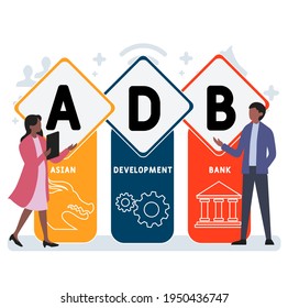 Flaches Design mit Menschen. ADB - Akronym der Asiatischen Entwicklungsbank, Hintergrund des Geschäftskonzepts.   Vektorgrafik für Website-Banner, Marketingmaterialien, Geschäftspräsentation, Online-Werbung.