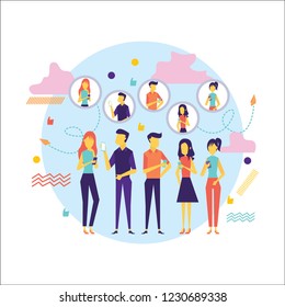 Flat design of people addicted to gadgets. Young people man and woman using technology gadget smartphone mobile phone tablet pc laptop computer in social network communication 