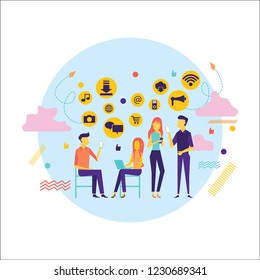 Flat design of people addicted to gadgets. Young people man and woman using technology gadget smartphone mobile phone tablet pc laptop computer in social network communication 