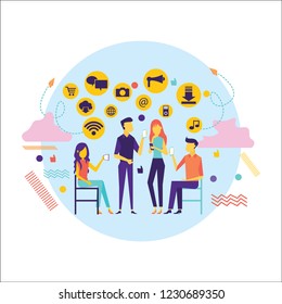 Flat design of people addicted to gadgets. Young people man and woman using technology gadget smartphone mobile phone tablet pc laptop computer in social network communication 