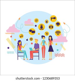 Flat design of people addicted to gadgets. Young people man and woman using technology gadget smartphone mobile phone tablet pc laptop computer in social network communication 