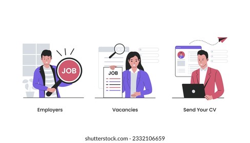 Diseño plano de las personas que solicitan un trabajo. Empleador, vacantes, envía tu cv. Ilustración vectorial plana aislada en fondo blanco