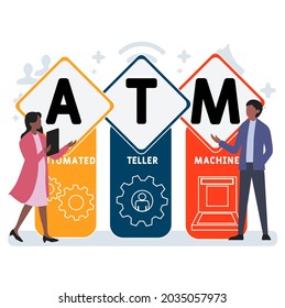 Flat design with people. ATM - Automated Teller Machine acronym. business concept background. Vector illustration for website banner, marketing materials, business presentation, online advertising