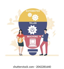 Flat design with people. ATM - Automated Teller Machine acronym. business concept background. Vector illustration for website banner, marketing materials, business presentation, online advertising