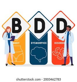 Flat design with people. BDD - Body Dysmorphic Disorder acronym. medical concept background. Vector illustration for website banner, marketing materials, business presentation, online advertising