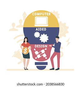 Flaches Design mit Menschen. CAD - Computer Aided Design Akronym. Hintergrund des Unternehmenskonzepts. Vektorgrafik für Website-Banner, Marketingmaterialien, Geschäftspräsentation, Online-Werbung