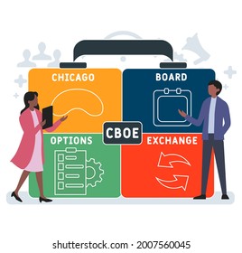 Diseño plano con gente. CBOE - Chicago Board Options Exchange acrónimo. fondo de concepto de negocio. Ilustración vectorial para banner del sitio web, materiales de marketing, presentación comercial, publicidad en línea