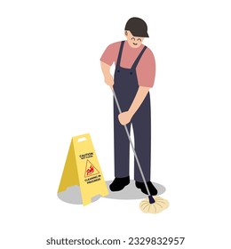 FLAT DESIGN PEOPLE CLEAN THE WET FLOOR 