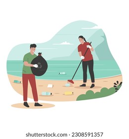 Diseño plano de la gente limpiando la playa de los desechos. Ilustración para sitio web, página de inicio, aplicación móvil, afiche y banner. Ilustración vectorial plana de moda