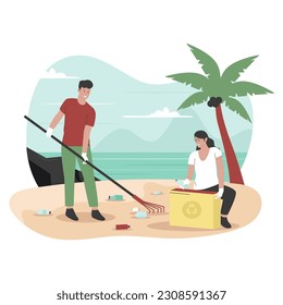 Flat design of people cleaning up beach from wastes. Illustration for website, landing page, mobile app, poster and banner. Trendy flat vector illustration