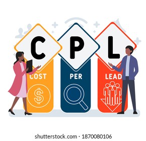 Flat design with people.CPL - Cost Per Lead acronym, business concept background.   Vector illustration for website banner, marketing materials, business presentation, online advertising.