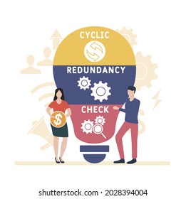 Diseño plano con gente. CRC - Signo de verificación de redundancia cíclica. fondo de concepto de negocio. Ilustración vectorial para banner de sitio web, materiales de marketing, presentación comercial, publicidad en línea