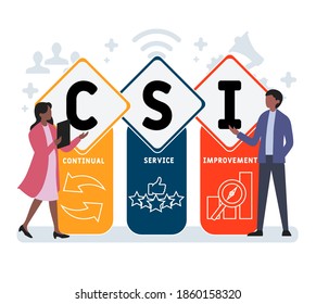 Diseño plano con gente. CSI: sigla de mejora continua del servicio. fondo de concepto de negocio. Ilustración vectorial para banner de sitio web, materiales de marketing, presentación comercial, publicidad en línea