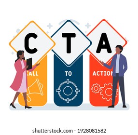 Diseño plano con gente. CTA - Llamado A La Acción. acrónimo, fondo de concepto de negocio.   Ilustración vectorial para banner de sitio web, materiales de marketing, presentación comercial, en línea