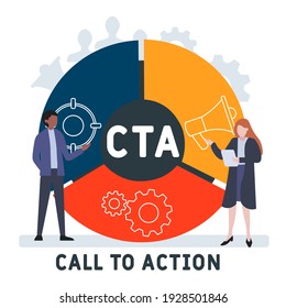 Diseño plano con gente. CTA - Llamado A La Acción. acrónimo, fondo de concepto de negocio.   Ilustración vectorial para banner de sitio web, materiales de marketing, presentación comercial, en línea