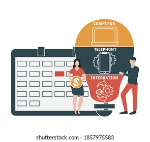 Diseño plano con gente. CTI - siglas de integración de telefonía por ordenador. fondo de concepto de negocio. Ilustración vectorial para banner de sitio web, materiales de marketing, presentación comercial, publicidad en línea