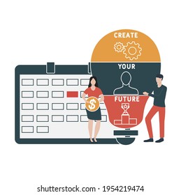 Diseño plano con gente. CYF - Crea tu acrónimo futuro, fondo de concepto de negocio.   Ilustración vectorial para banner de sitio web, materiales de marketing, presentación de negocios, publicidad en línea.