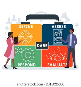 Flat design with people. DARE - Define Assess Respond Evaluate acronym. business concept background. Vector illustration for website banner, marketing materials, business presentation, online advertis