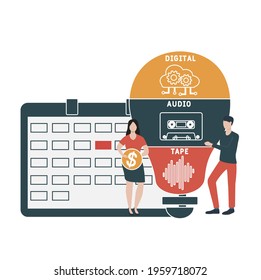 Flat design with people. DAT - Digital Audio Tape acronym, business concept background.   Vector illustration for website banner, marketing materials, business presentation, online advertising.