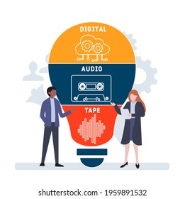 Flat design with people. DAT - Digital Audio Tape acronym, business concept background.   Vector illustration for website banner, marketing materials, business presentation, online advertising.