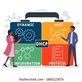 Flat design with people. DHCP - Dynamic Host Configuration Protocol acronym. business concept background. Vector illustration for website banner, marketing materials, business presentation, online