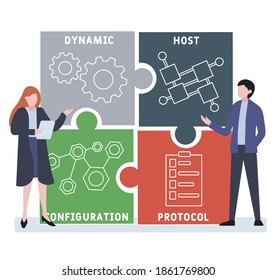 Flat design with people. DHCP - Dynamic Host Configuration Protocol acronym. business concept background. Vector illustration for website banner, marketing materials, business presentation, online