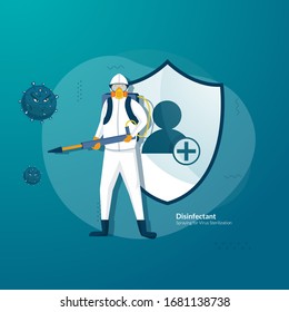 Flat design of people with disinfectant, Use a disinfectant sprayer to prevent corona virus transmission