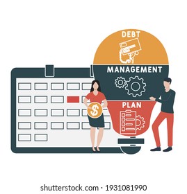 Diseño plano con gente. DMP - Plan de gestión de la deuda. acrónimo, fondo de concepto de negocio.   Ilustración vectorial para banner de sitio web, materiales de marketing, presentación comercial, en línea