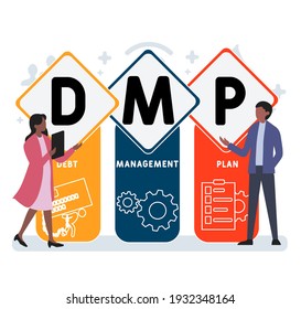 Diseño plano con gente. DMP - Plan de gestión de la deuda. acrónimo, fondo de concepto de negocio.   Ilustración vectorial para banner de sitio web, materiales de marketing, presentación comercial, en línea