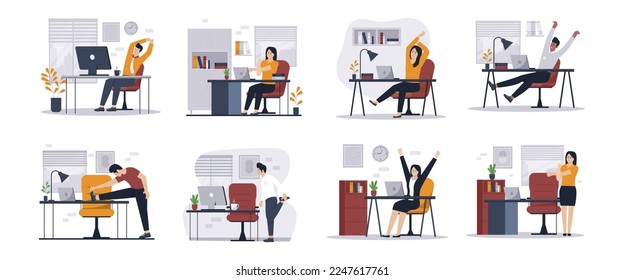 Flat design of people doing exercise stretch office workout. Illustration for websites, landing pages, mobile applications, posters and banners. Trendy flat vector illustration