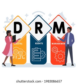 Diseño plano con gente. DRM - sigla de Gestión de Derechos Digitales. fondo de concepto de negocio. Ilustración vectorial para banner de sitio web, materiales de marketing, presentación comercial, publicidad en línea