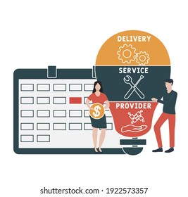 Diseño plano con gente. DSP - Proveedor de servicios de entrega. acrónimo, fondo de concepto de negocio. Ilustración vectorial para banner de sitio web, materiales de marketing, presentación comercial, en línea